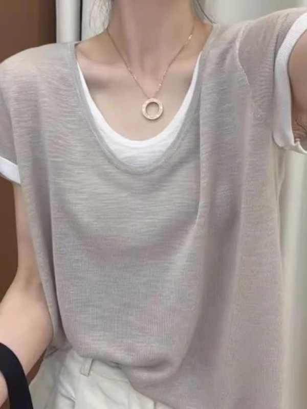 Tricou T cu guler rotund și mâneci scurte, culoare solidă, stil casual, lungime 50–65 cm, Vara 2025