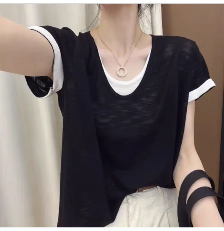 Tricou T cu guler rotund și mâneci scurte, culoare solidă, stil casual, lungime 50–65 cm, Vara 2025