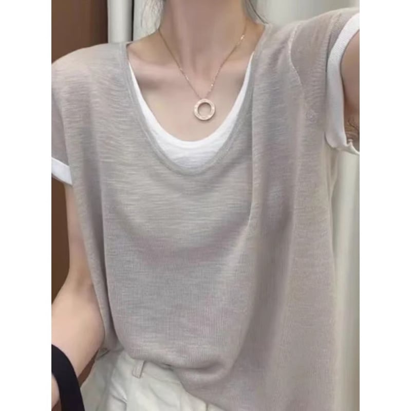 Tricou T cu guler rotund și mâneci scurte, culoare solidă, stil casual, lungime 50–65 cm, Vara 2025