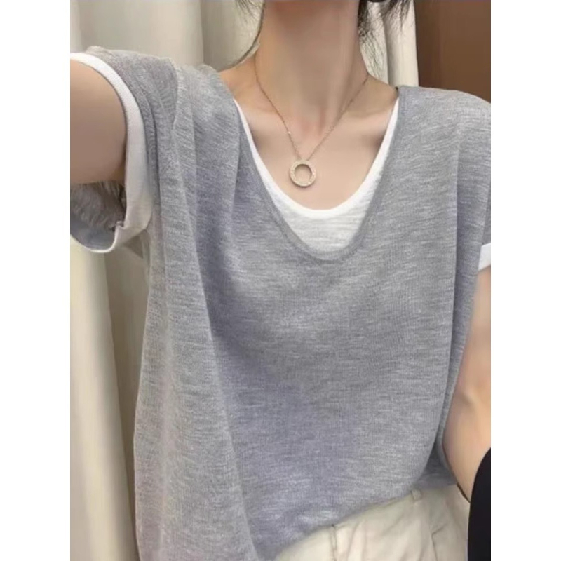 Tricou T cu guler rotund și mâneci scurte, culoare solidă, stil casual, lungime 50–65 cm, Vara 2025