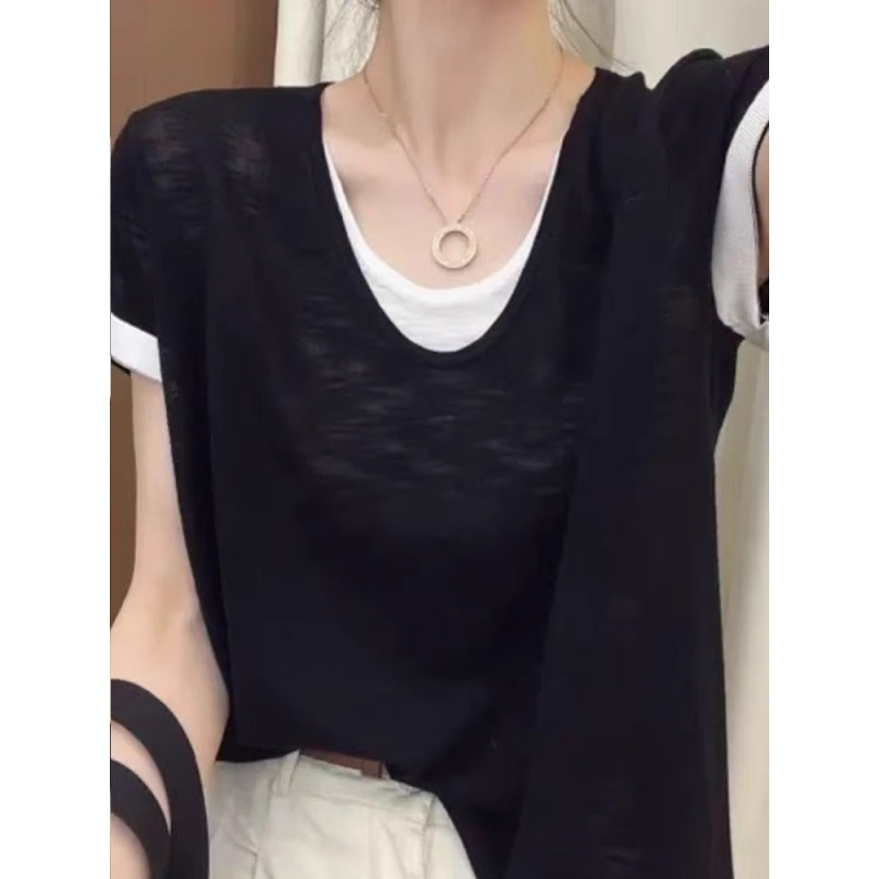 Tricou T cu guler rotund și mâneci scurte, culoare solidă, stil casual, lungime 50–65 cm, Vara 2025