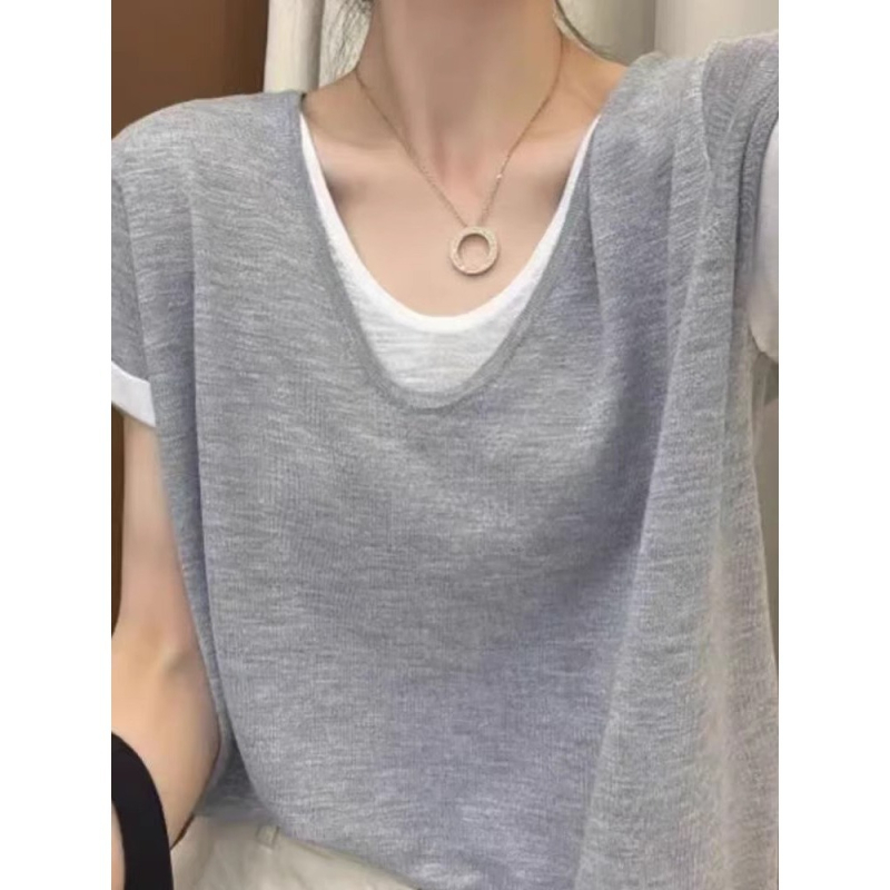 Tricou T cu guler rotund și mâneci scurte, culoare solidă, stil casual, lungime 50–65 cm, Vara 2025