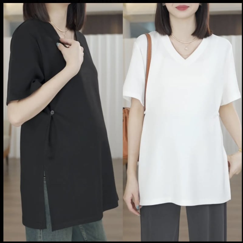 Trudničko kratkih rukava majica s V-dekolteom, opuštenog kroja, Modal vlakna 90–95%, Spandex <30%, srednje duljine