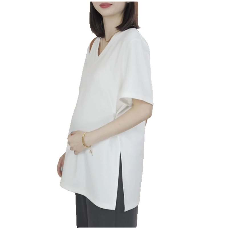 Trudničko kratkih rukava majica s V-dekolteom, opuštenog kroja, Modal vlakna 90–95%, Spandex <30%, srednje duljine
