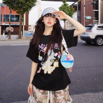 Tricou damă din bumbac, croială lejeră, guler rotund, mâneci scurte, imprimare 3D, lungime medie, stil casual coreean, primăvara 2025