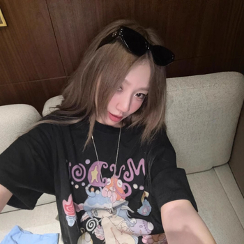 Tricou damă din bumbac, croială lejeră, guler rotund, mâneci scurte, imprimare 3D, lungime medie, stil casual coreean, primăvara 2025