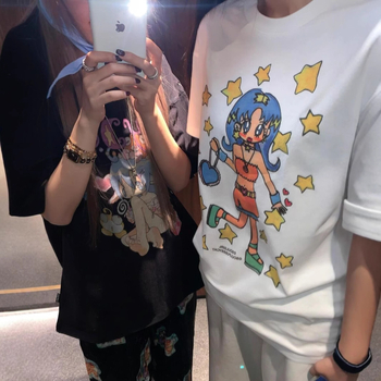 Tricou damă din bumbac, croială lejeră, guler rotund, mâneci scurte, imprimare 3D, lungime medie, stil casual coreean, primăvara 2025