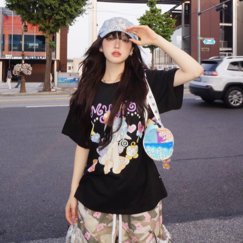 Tricou damă din bumbac, croială lejeră, guler rotund, mâneci scurte, imprimare 3D, lungime medie, stil casual coreean, primăvara 2025
