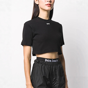 Tricou din bumbac-elastan, croială lejeră, mâneci scurte, guler rotund, lungime scurtă