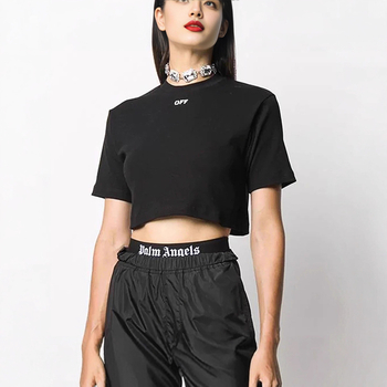 Tricou din bumbac-elastan, croială lejeră, mâneci scurte, guler rotund, lungime scurtă