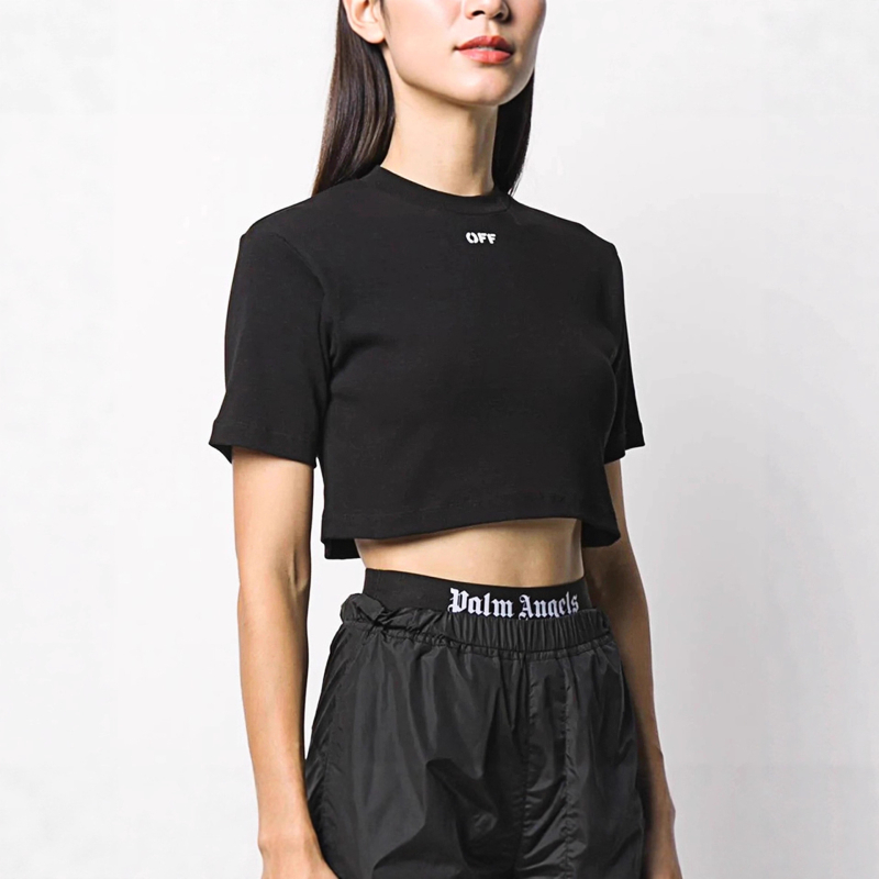 Tricou din bumbac-elastan, croială lejeră, mâneci scurte, guler rotund, lungime scurtă