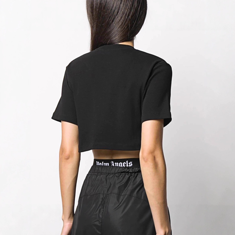 Tricou din bumbac-elastan, croială lejeră, mâneci scurte, guler rotund, lungime scurtă