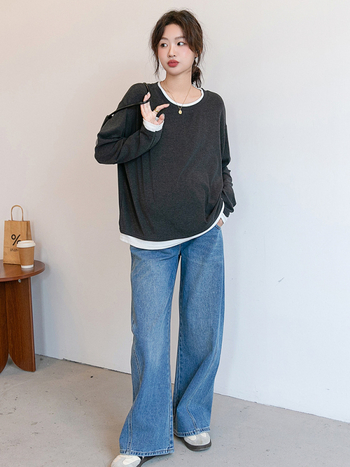 Бременна T-шърт топ, кръгла яка, дълги ръкави, памук 95%+, японско-корейски ежедневен стил