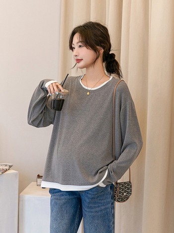 Бременна T-шърт топ, кръгла яка, дълги ръкави, памук 95%+, японско-корейски ежедневен стил