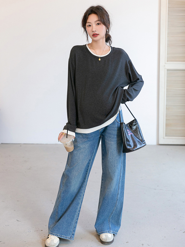 Бременна T-шърт топ, кръгла яка, дълги ръкави, памук 95%+, японско-корейски ежедневен стил