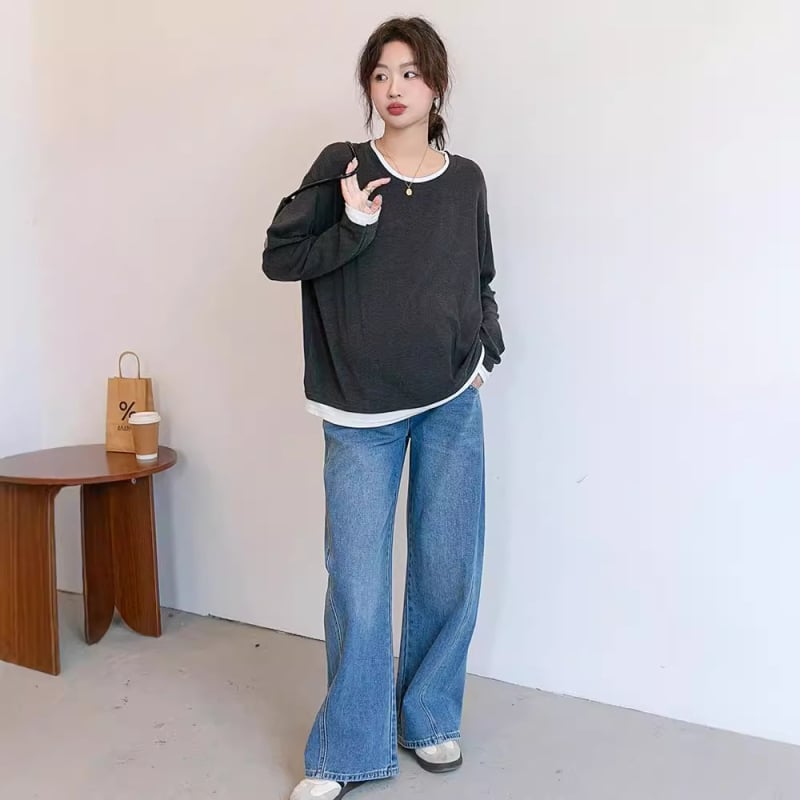 Бременна T-шърт топ, кръгла яка, дълги ръкави, памук 95%+, японско-корейски ежедневен стил