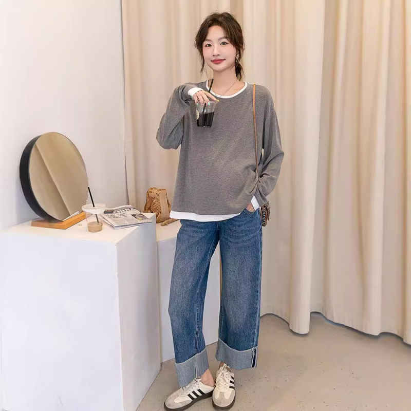 Бременна T-шърт топ, кръгла яка, дълги ръкави, памук 95%+, японско-корейски ежедневен стил