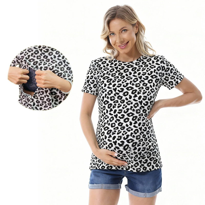 Tehotenský top na dojčenie s leopardím vzorom, krátke rukávy, stredná dĺžka, česaná bavlna