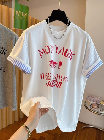 Tricou damă din bumbac cu imprimare litere, croială lejeră, mâneci scurte, 95%+ bumbac