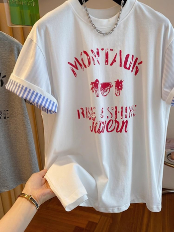 Tricou damă din bumbac cu imprimare litere, croială lejeră, mâneci scurte, 95%+ bumbac