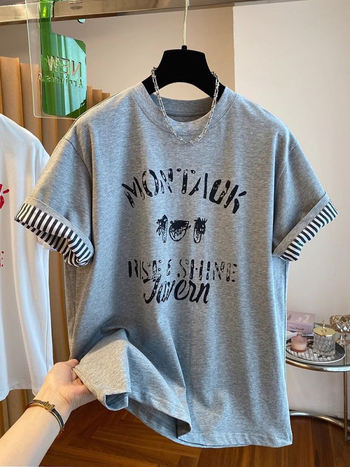 Tricou damă din bumbac cu imprimare litere, croială lejeră, mâneci scurte, 95%+ bumbac