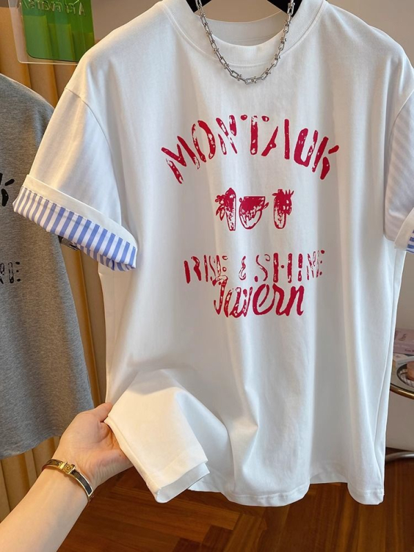 Tricou damă din bumbac cu imprimare litere, croială lejeră, mâneci scurte, 95%+ bumbac