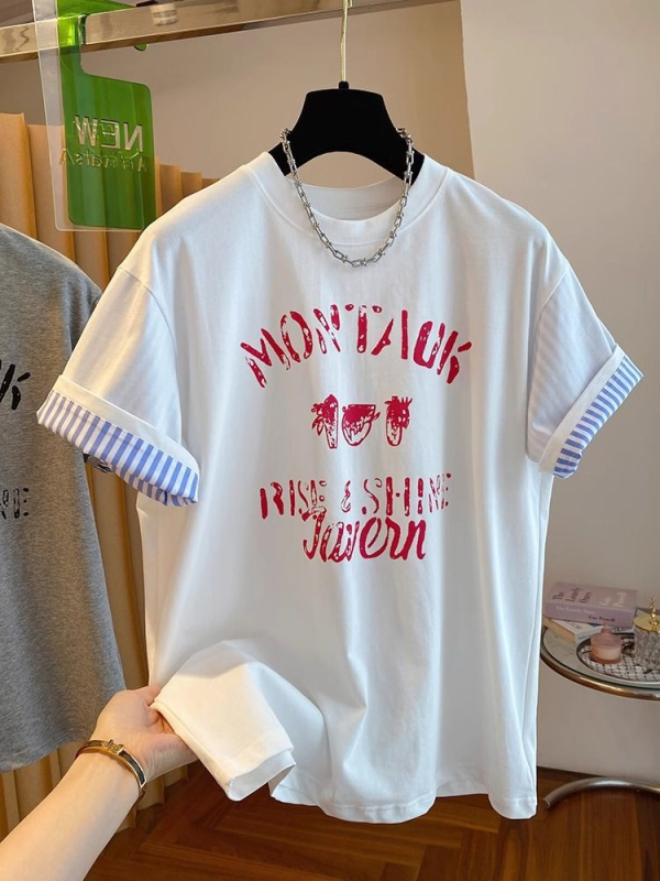 Tricou damă din bumbac cu imprimare litere, croială lejeră, mâneci scurte, 95%+ bumbac