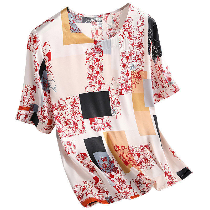 Μπλούζα T‑shirt από τεχνητό μετάξι, πολυεστερική ίνα, Καλοκαίρι 2025, στρογγυλός λαιμός, κοντά μανίκια, κανονικό μήκος