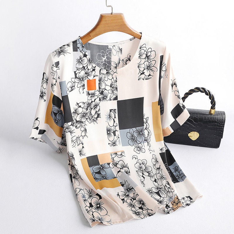 Μπλούζα T‑shirt από τεχνητό μετάξι, πολυεστερική ίνα, Καλοκαίρι 2025, στρογγυλός λαιμός, κοντά μανίκια, κανονικό μήκος