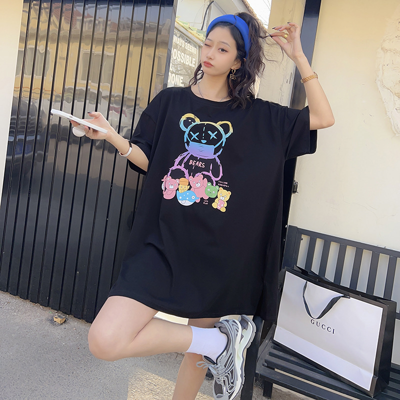 Tricou maternitate din bumbac, vară, cu mâneci scurte, guler rotund, croială lejeră (Lungime 80–100 cm; 90–95% bumbac; mâneci normale)