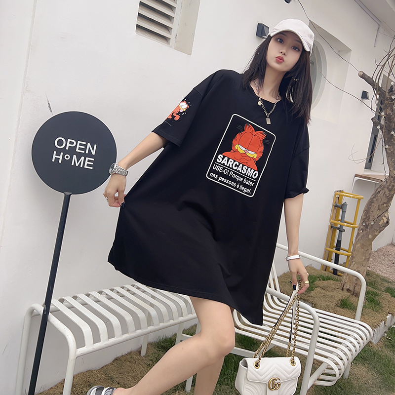 Tricou maternitate din bumbac, vară, cu mâneci scurte, guler rotund, croială lejeră (Lungime 80–100 cm; 90–95% bumbac; mâneci normale)