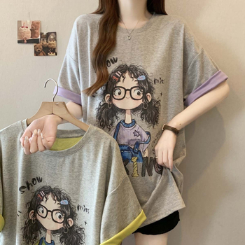 Ženski T-shirt kratkih rukava s kontrastnim otiskom karikature, plus veličina, ležernog kroja, ljeto 2025