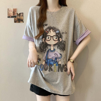 Ženski T-shirt kratkih rukava s kontrastnim otiskom karikature, plus veličina, ležernog kroja, ljeto 2025
