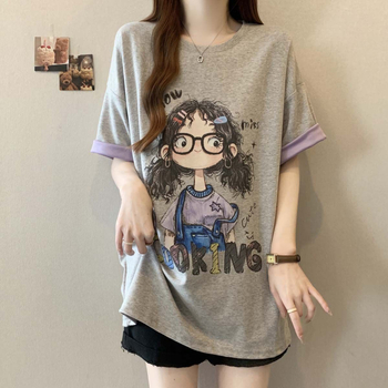 Ženski T-shirt kratkih rukava s kontrastnim otiskom karikature, plus veličina, ležernog kroja, ljeto 2025