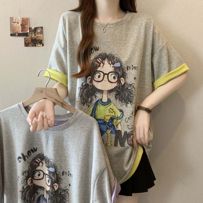 Ženski T-shirt kratkih rukava s kontrastnim otiskom karikature, plus veličina, ležernog kroja, ljeto 2025