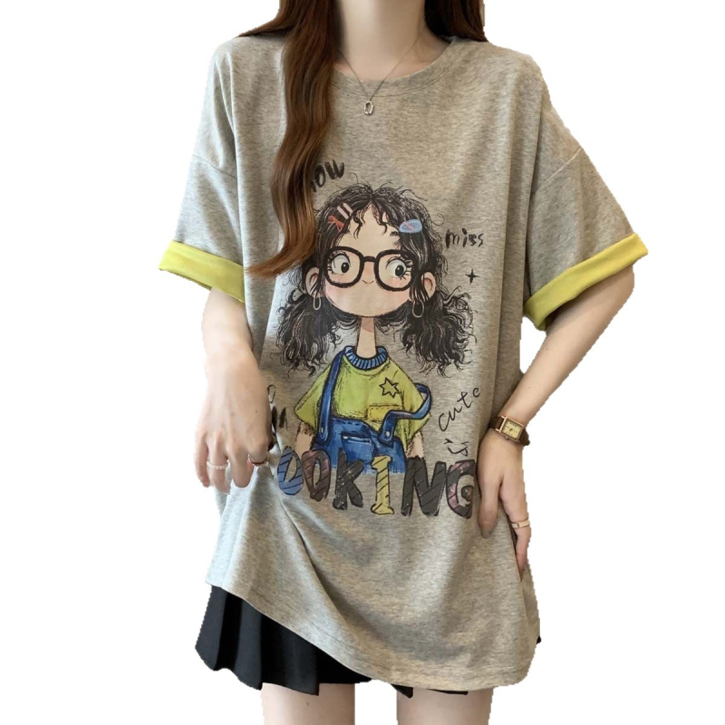 Ženski T-shirt kratkih rukava s kontrastnim otiskom karikature, plus veličina, ležernog kroja, ljeto 2025
