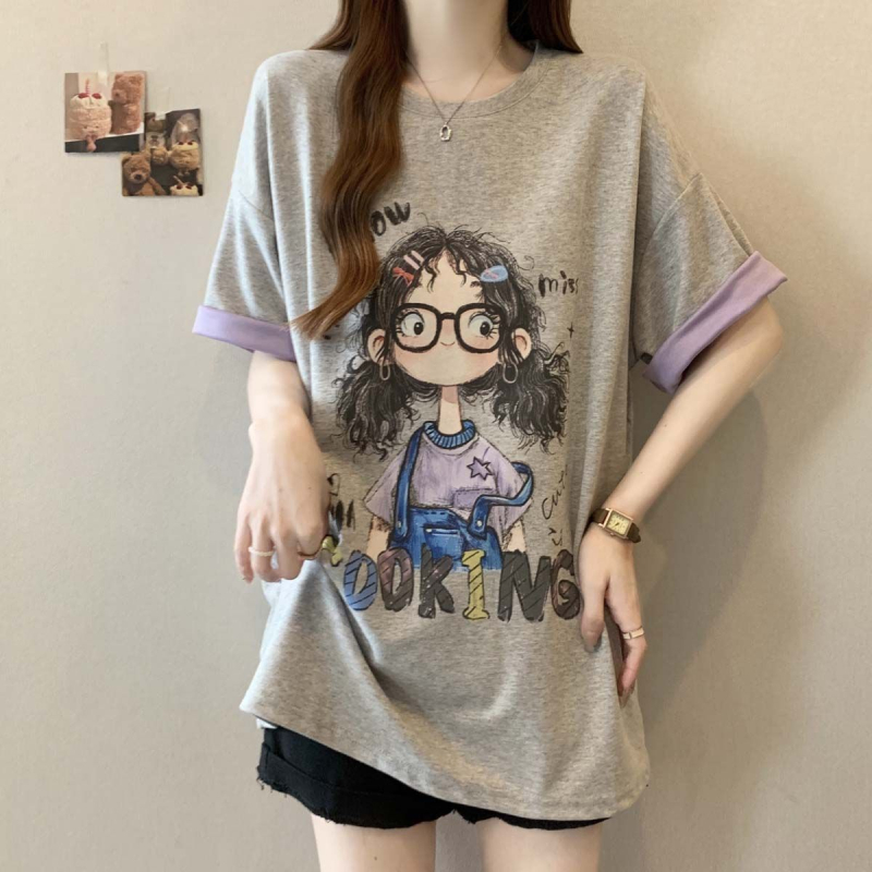 Ženski T-shirt kratkih rukava s kontrastnim otiskom karikature, plus veličina, ležernog kroja, ljeto 2025