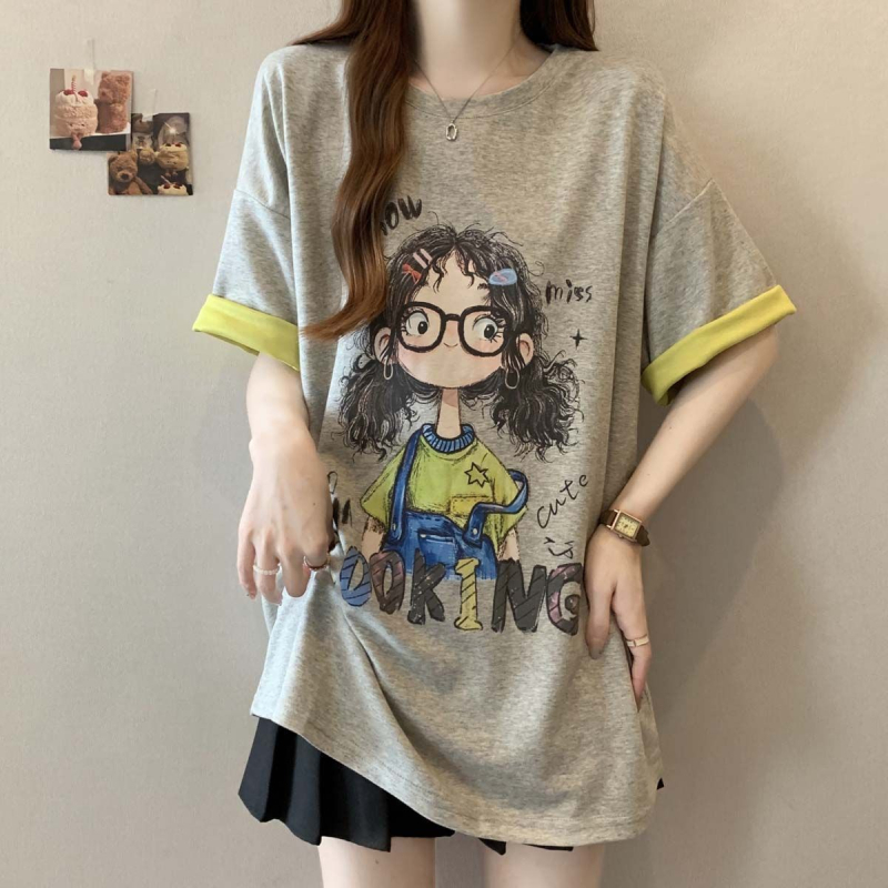 Ženski T-shirt kratkih rukava s kontrastnim otiskom karikature, plus veličina, ležernog kroja, ljeto 2025