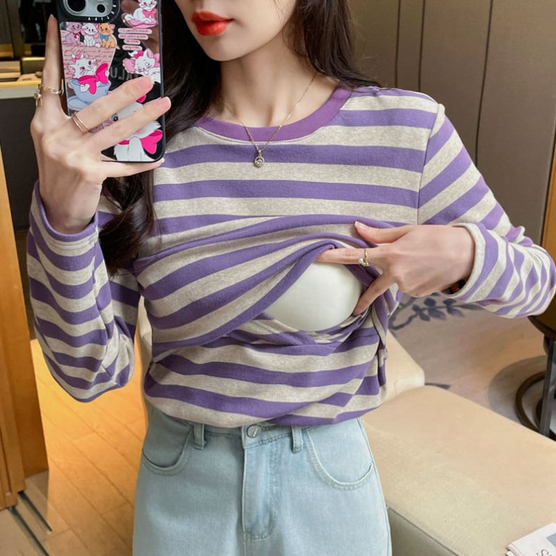 Szoptatós felső csíkos, kerek nyakú, hosszú ujjú, szoptatási nyílással, 95% pamut