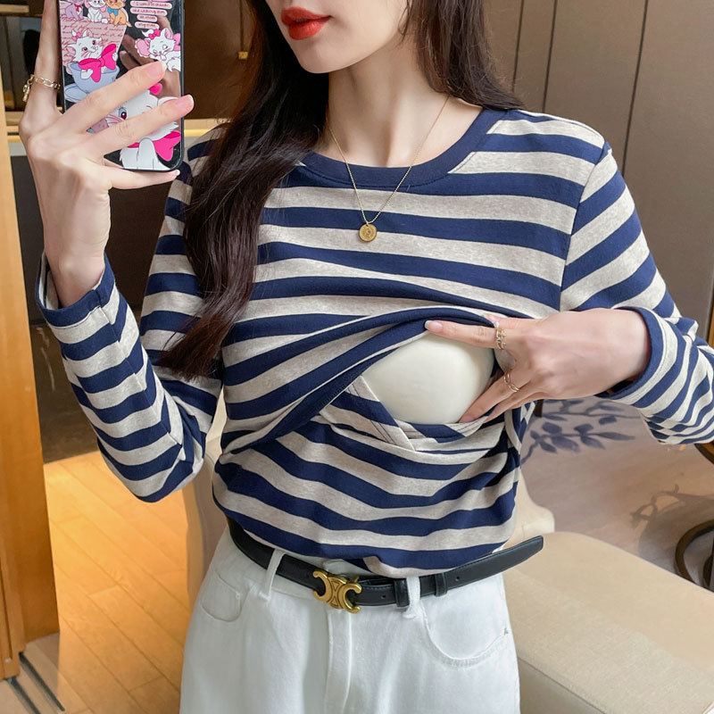 Szoptatós felső csíkos, kerek nyakú, hosszú ujjú, szoptatási nyílással, 95% pamut