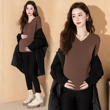 Trudnički dugi rukav majica s V-izrezom, zimski street style top, materijal: akril i triacetat vlakna 95%+