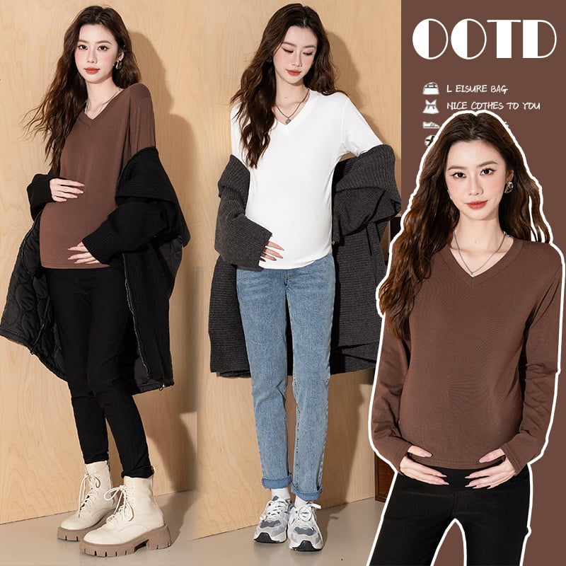 Trudnički dugi rukav majica s V-izrezom, zimski street style top, materijal: akril i triacetat vlakna 95%+