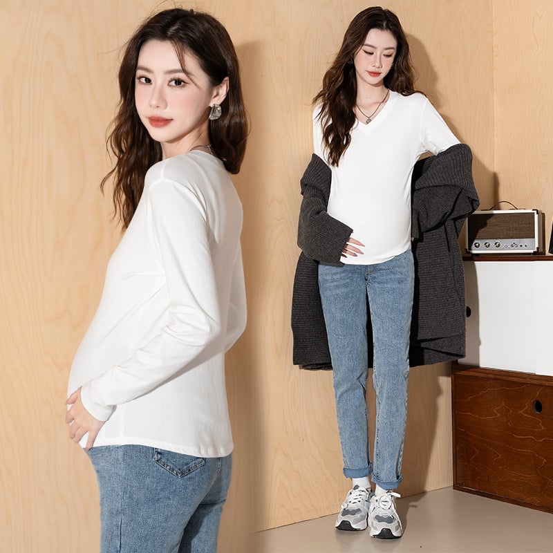 Trudnički dugi rukav majica s V-izrezom, zimski street style top, materijal: akril i triacetat vlakna 95%+