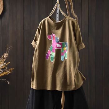 Ženski pamučni T-shirt s otiskom, kratki rukavi, okrugli izrez, ležerni kroj