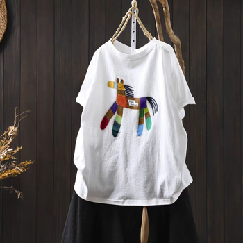 Ženski pamučni T-shirt s otiskom, kratki rukavi, okrugli izrez, ležerni kroj