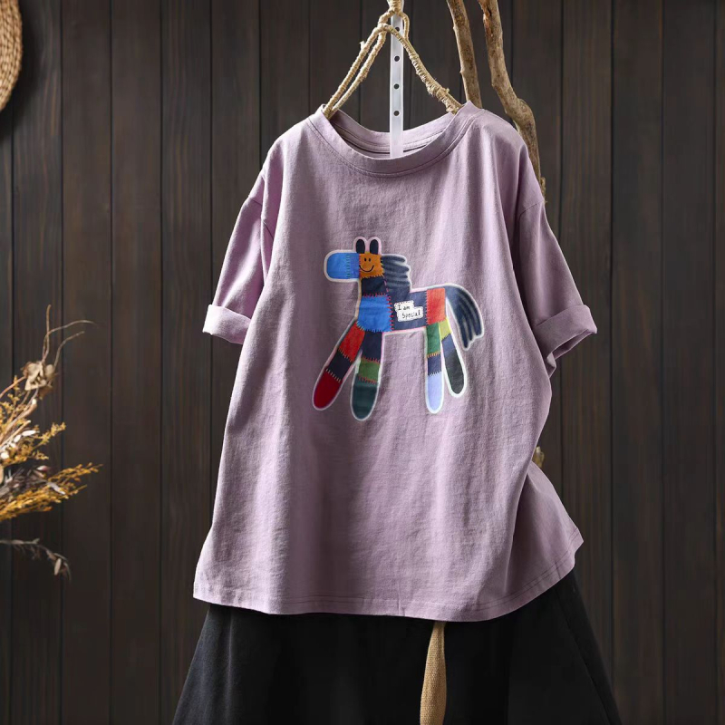 Ženski pamučni T-shirt s otiskom, kratki rukavi, okrugli izrez, ležerni kroj