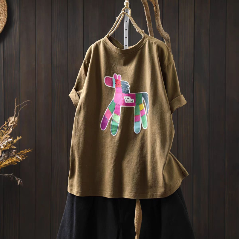 Ženski pamučni T-shirt s otiskom, kratki rukavi, okrugli izrez, ležerni kroj