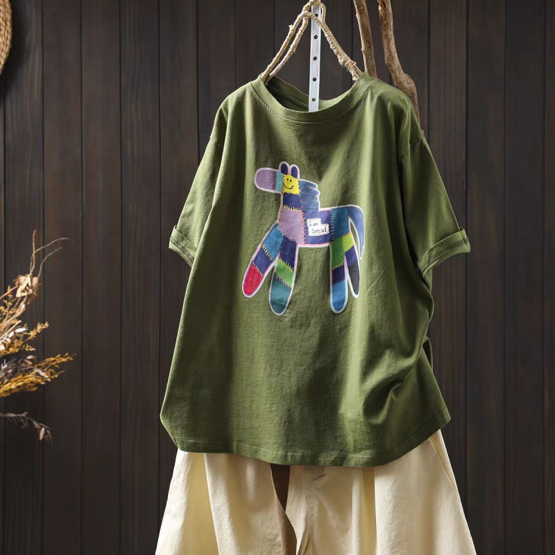 Ženski pamučni T-shirt s otiskom, kratki rukavi, okrugli izrez, ležerni kroj