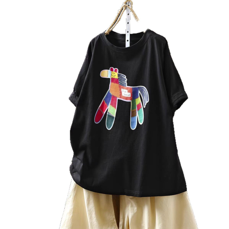 Ženski pamučni T-shirt s otiskom, kratki rukavi, okrugli izrez, ležerni kroj