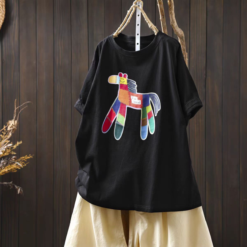 Ženski pamučni T-shirt s otiskom, kratki rukavi, okrugli izrez, ležerni kroj